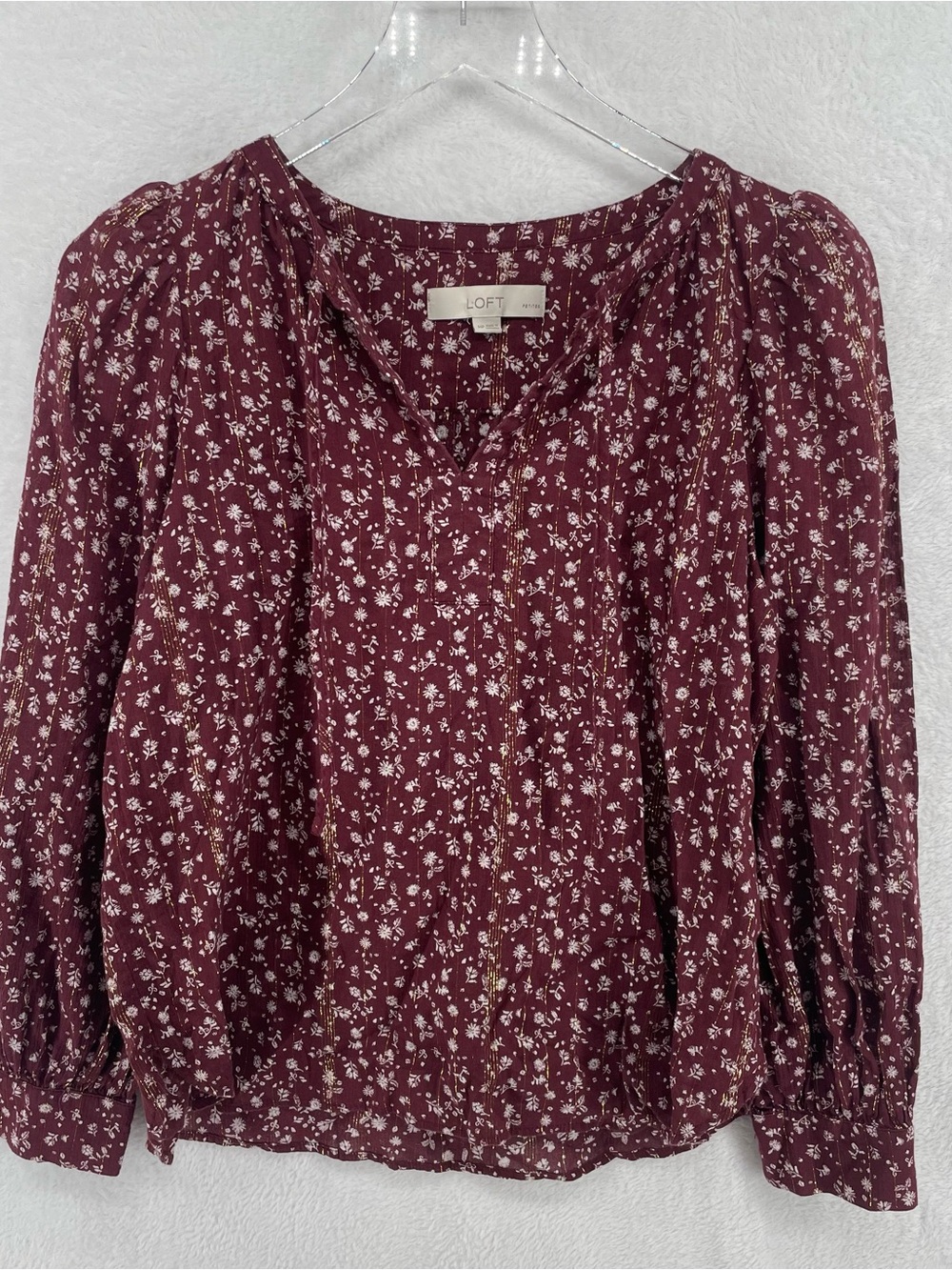 LOFT Burgundy Floral V-Neck Peasant Blouse